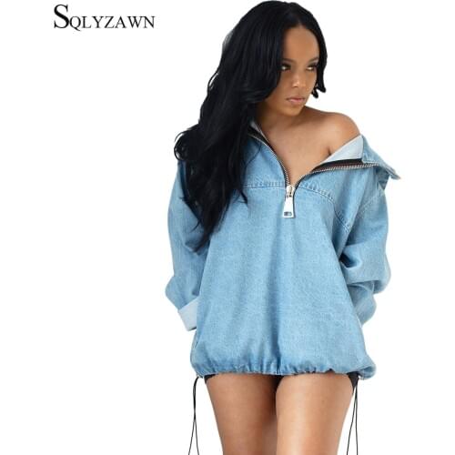 Autumn Fashion Women Hoodies Casual Zip Front Denim Loose Pullover Sweatshirt Harajuku Drawstring Oversized Female Hooded Top