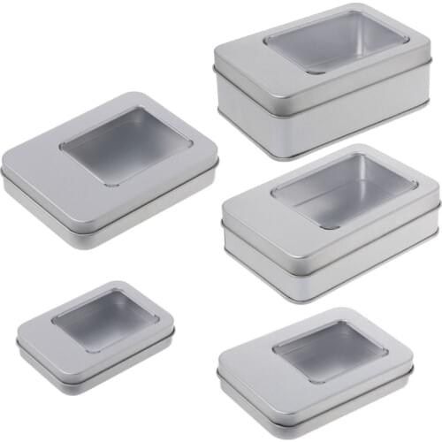 Rectangular Tin Silver Storage Box Case Organizer with Half Clear Window Lid