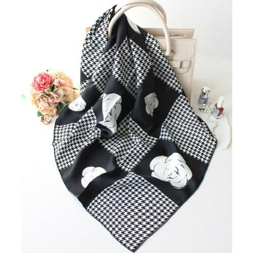 Luxury 100% Twill Silk Scarf Women Fashion Houndstooth & Flower Shawl Stole Hijab Hand Rolled Square Kerchief Headscarf 90*90cm