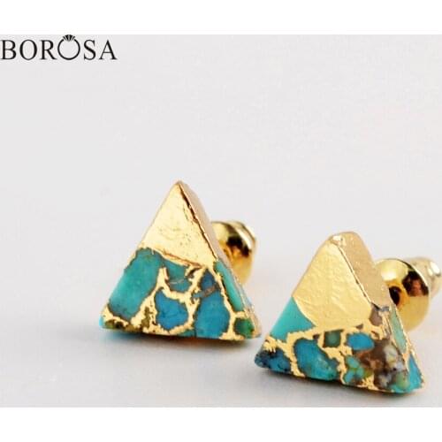 BOROSA 5/10Pairs New Triangle Gold Plating Copper Natural Turquoises Earrings High Quality Gems Stud Earrings for Women G1986