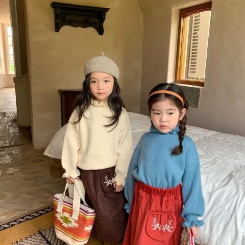 Girls Ruffles Turtleneck Knitted Sweater Autumn Winter 2021 New Children Knitwear Cotton Clothes Baby Kids Outwear Sweater Tops