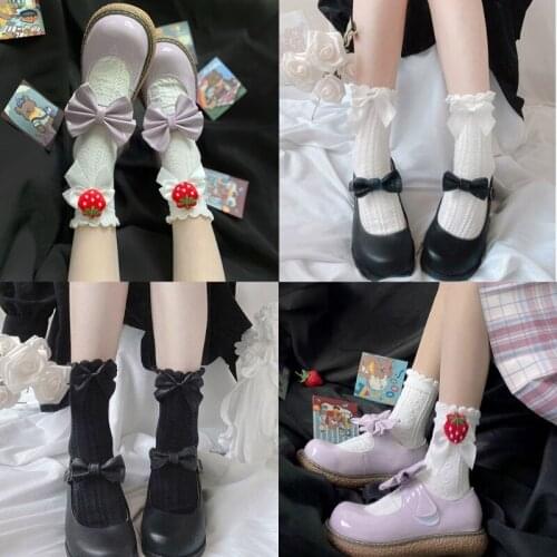 Japanese Student Ruffle Crew Socks Lolita Detachable Strawberry Bowknot Knitted Heart Pattern Kawaii Anklet Tube Hosiery