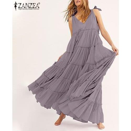 Bohemian Ruffle Dress Womens Summer Sundress ZANZEA Casual Spaghetti Strap Tank Vestidos Female V Neck Beach Robe
