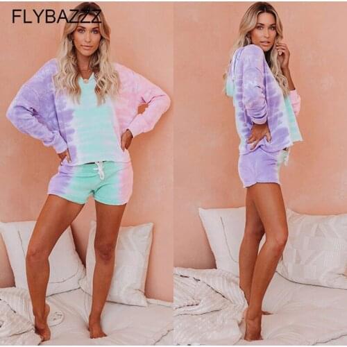 2020 Women Sets Autumn Tracksuits Tie Dye Print Sports Tops+Shorts Two Piece Yoga Set Club Party Homewear 2 Pieces Sexy Outfits
