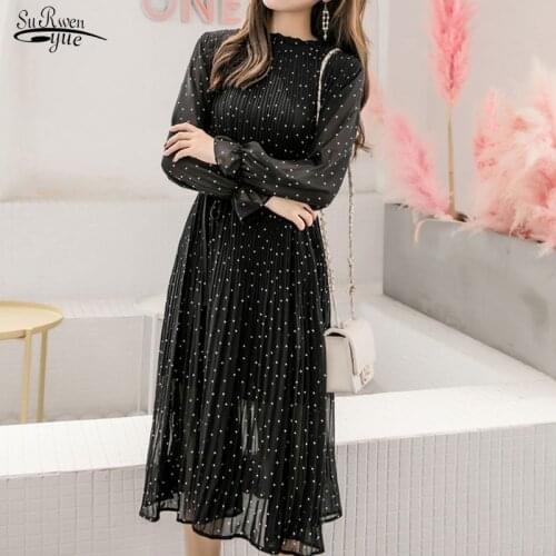 Black Vintage Clothes Autumn Lady Long Chiffon Dress 2021 Korean Fashion Women Dress Long Sleeve Polka Dot Chic Clothing 3670