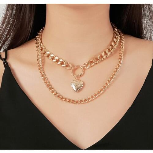Heart Metallic Thick Chain Pendant Golden Silver Plated Aluminum Alloy Punk Double-Layer Sweater Chain Necklace for Women