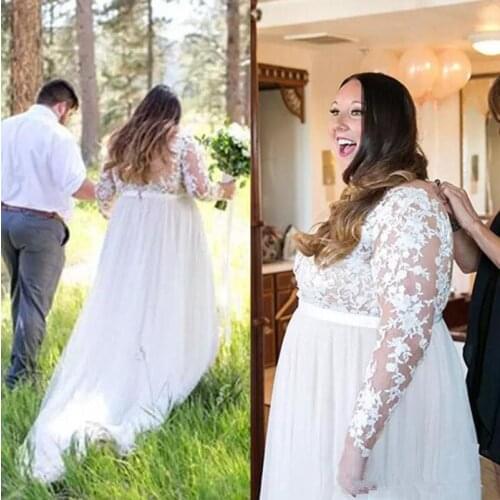 Plus Size Lace Long Sleeve Wedding Dresses Country Garden 2020 Sexy Sheer Illusion Back Tulle Long Bridal Gowns Custom Made