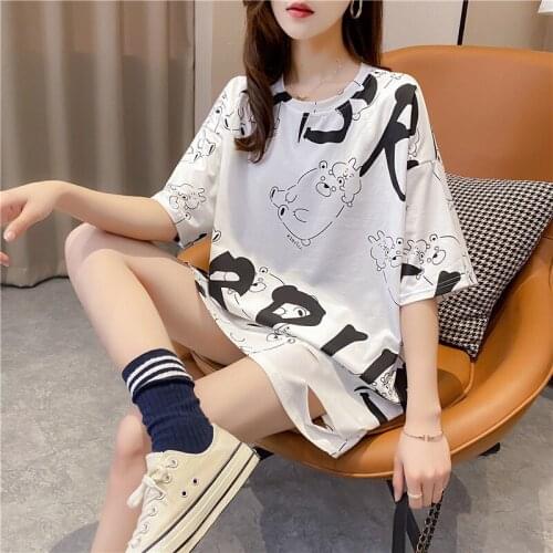 New Women Dress Cute T-shirt Dress Oversize Vintage Style Cartoon Bear Print Dress Fashion Casual Womens wear Tee Top