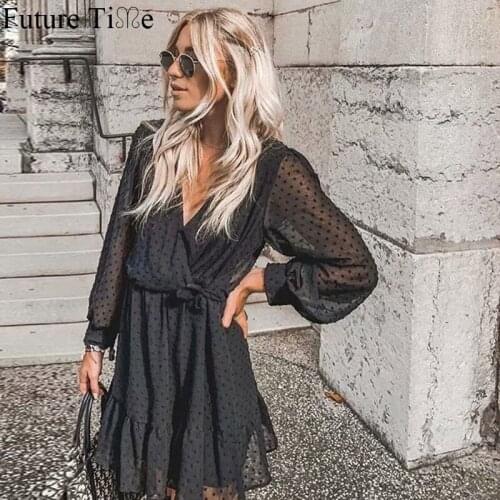 Future Time 2020 Summer Lantern Sleeve Jacquard V-neck High Waist Pleated Skirt Women Long Sleeve Dress SP621