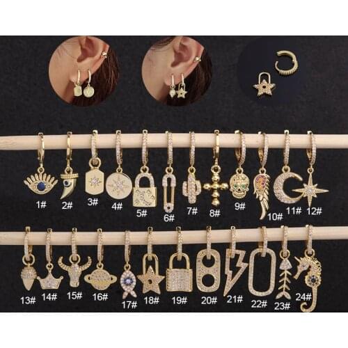 1Pc New designs Gold Tone Cross Lock Key Moon Cz Hoop With Pendant Dangle Asymmetric Drop Earrings Lobe Ear Piercing Jewelry