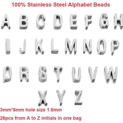 26pcs Mixed in a lot A to Z Small Hole Beads 100% Stainless Steel Mirror Polished Gold Silver Color Necklace Initials Jewelry