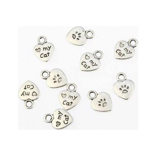Free Ship 500pcs 9x12mm Antique Silver Mini Heart Love My Cat Charms Pendant