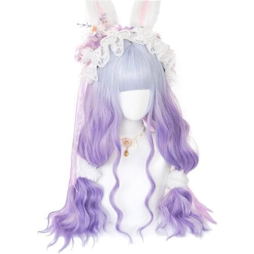 Long Natural Wavy Ombre Colorful Synthetic hair Cosplay Lolita Harajuku Wig With Bangs Pink Purple Blue Multicolor Daily Wigs