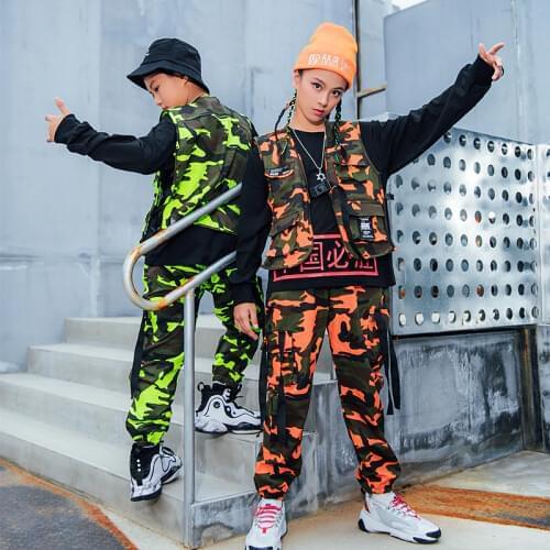 2021 Jazz Dance Costumes For Kids Vest Hiphop Pocket Pants Suit Boys Hip Hop Dance Rave Clothes Girls Street Dancewear DN6803