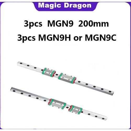 High quality 3pcs 9mm Linear Guide MGN9 L= 200mm linear rail way + MGN9C or MGN9H Long linear carriage for CNC XYZ Axis