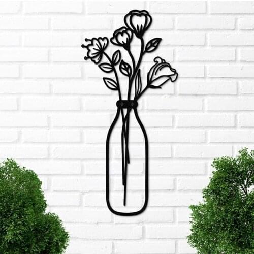 Metal Iron Flower Vase Wall Art Decoration Ornament Black Hanging Sculptures for Living Room Kitchen Bedroom Gift