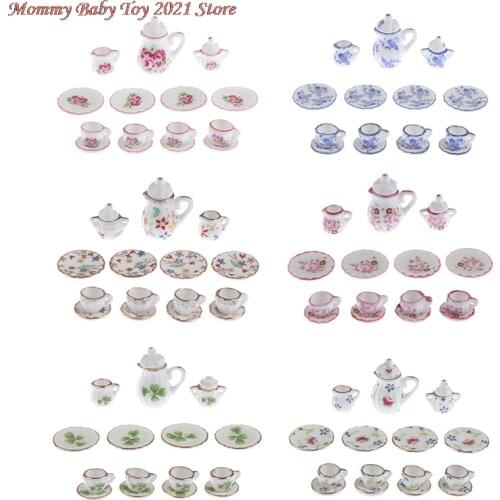 15pcs 1:12 Porcelain Tea Cup Set Flower Tableware Kitchen Dollhouse 1/12 Scale Miniature (8 Patterns for your choice)