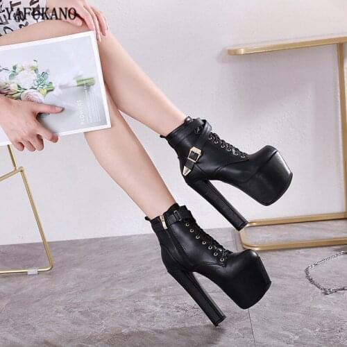Autumn Winter 16cm Ultra High Heels Sexy Square Heel Platform Motorcycle Ankle Boots Models Show Short Boots Leather Party Shoe