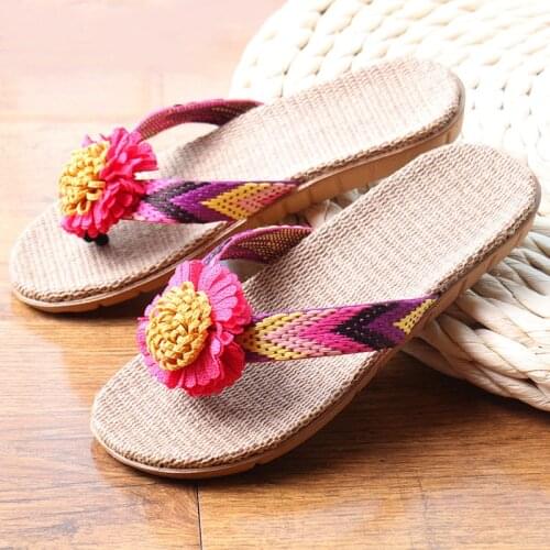 Couple Home Flower Sandals Flat EVA Non-Slip Linen Slides Home Flip Flop Lady Casual Beach Shoe Summer Womens Flax Slippers New