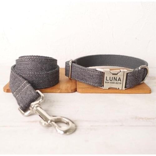 Personalized Dog Collar Custom Pet Collar Free Engraving ID Name Tag Pet Accessory Grey Thick Suit Fiber Puppy Collar Leash Set