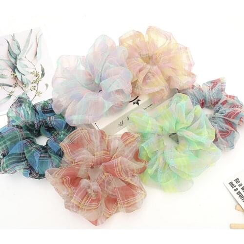 Oversized Organza Hair Scrunchies Women Big Plaid Scrunchie Elastic Hair Bands Girls Headwear Rubber Hair Ties Ponytail Holder