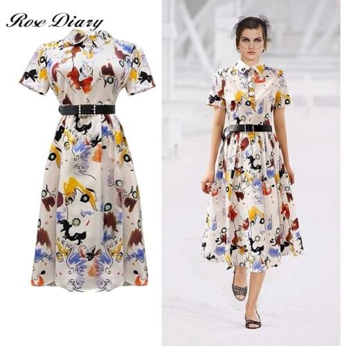 RoseDiary luxury midi single breasted dress women floral kleid summer holiday party lady female A-line dresses with belt large