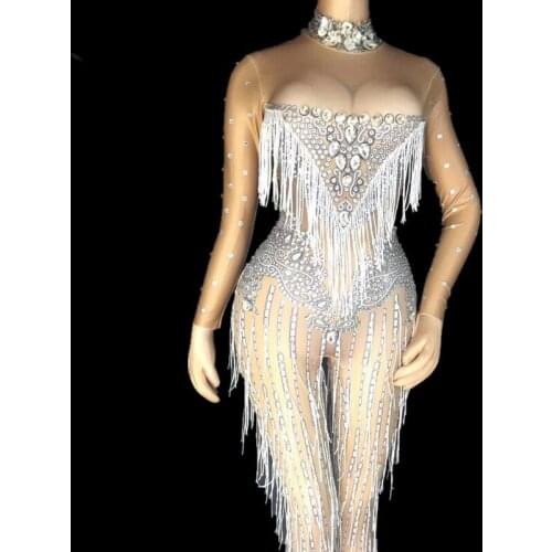 Sexy Rhinestones Jumpsuit s White Tassels Bodysuit Womens Stretch DJ show Stage Wear party favors party Costume