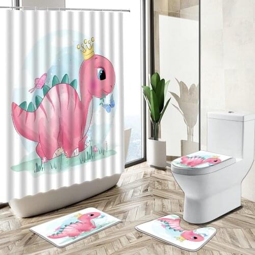 Cute Cartoon Crown Dinosaur Kid Room Shower Curtain Butterfly Flower Plant Bathroom Deco Non-Slip Rug Toilet Cover Bath Mat Set