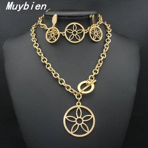 Fashion Stainless Steel Vintage Jewelry Plated Gold Color Bracelet Necklace Earrings Sets For Women SFXKAVDA