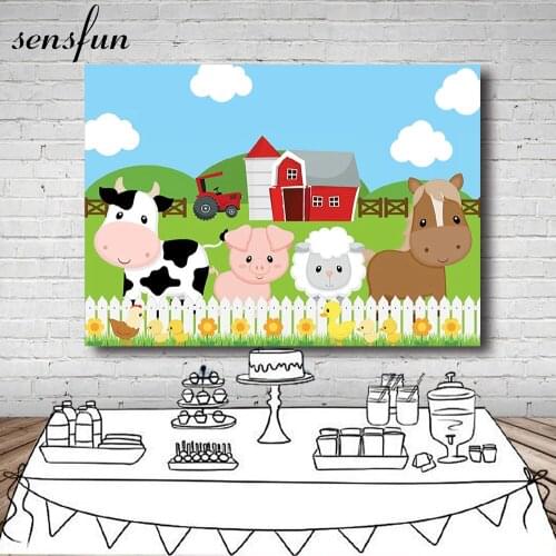 Sensfun Farm Theme Photography Backgrounds Cartoon Animals Sky Blue Clouds Green Grass Kids Birthday Party Backdrops Custom