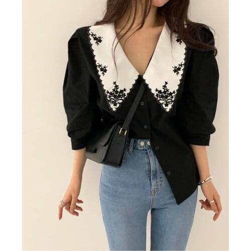 Korean Chic Retro Design Lapel Plus Size Blusas Women Casual Heavy Embroidery Hit Color Single-breasted Loose Puff Sleeve Shirt