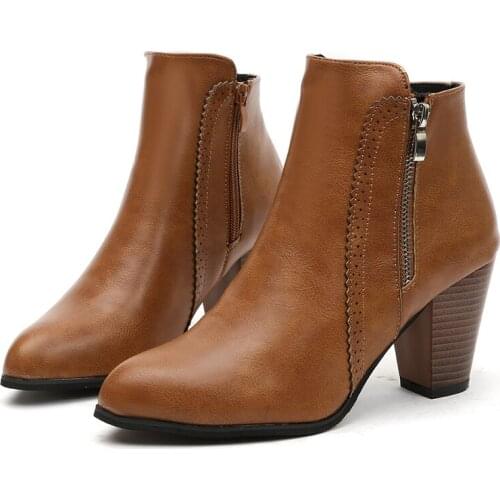 Pop Women Ankle Boots Fashion PU Leather Boots High heel 8cm Ladies Shoes Side Zipper Short Boots for Women Shoes 43