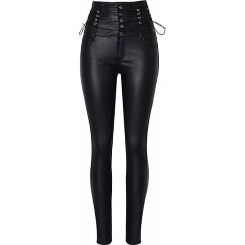 Autumn winter Womens large size ultra-high waist PU pants buckle straps decorative coating imitation leather denim pants K165