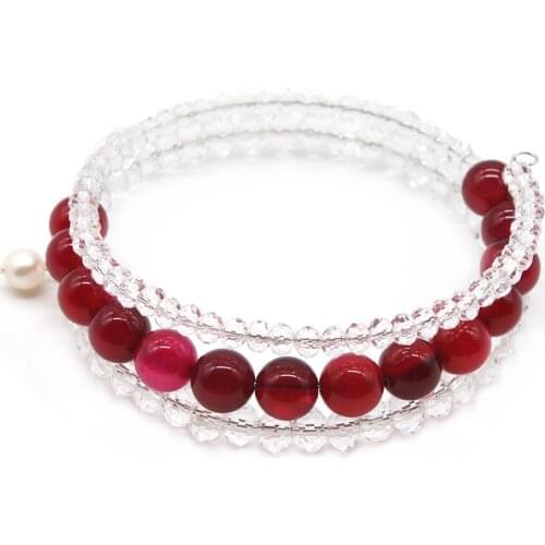 Fushcia 8MM Gemstone White Crystal Warp Bracelet Pearl Charm 3 Layers Women Bangle Christmas Red Jewelry Gift GB027