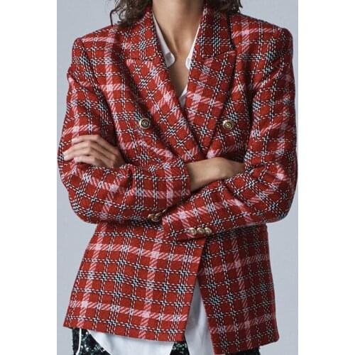 Za Fashion Women Autumn Winter Christmas Red Plaid Tweed Blazers Ladies Double-Breasted Long Sleeve Outwear Oversize Coats Mujer