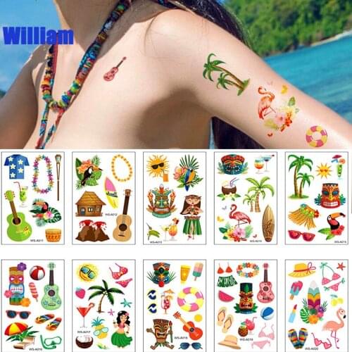 10pcs/set Tropical Hawaiian Party Summer Beach Tattoo Stickers Temporary Flamingo Plant Beach Tattoo Summer Party Decor Supplies