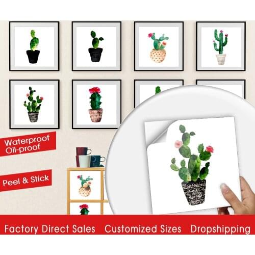 10pcs/set Hand Painted Green Cactus Crystal Hard Tiles Wall Sticker Kitchen Tables Home Renovation Wallpaper DIY Art Wall Decals