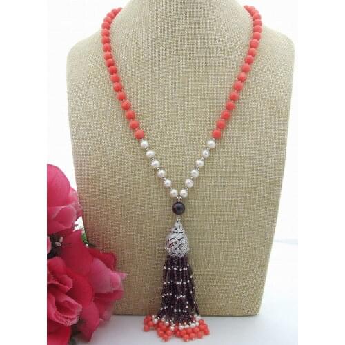 25" Natural White freshwater Pearl Round Garnet Coral Zircon Pendant Necklace