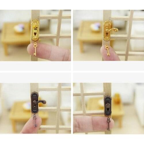 4Set 1:12 Scale Dollhouse Miniature Brass Knobs Plate with Mini Keyhole Keys Set Door Accessories Door Lock With Keys toy