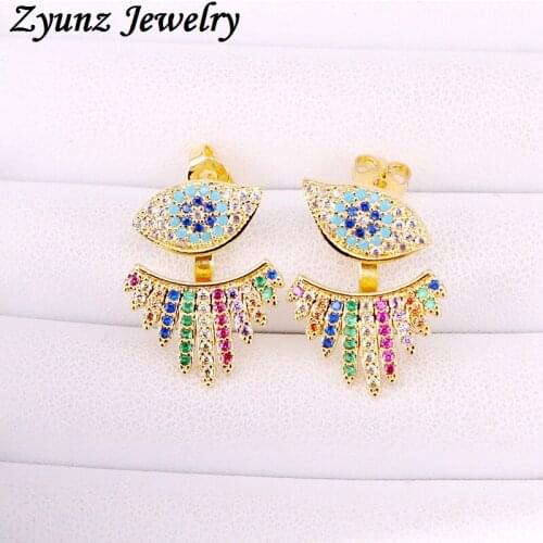 6 Pairs, Fan and Eye shape Rainbow Cubic Zirconia Stud earrings