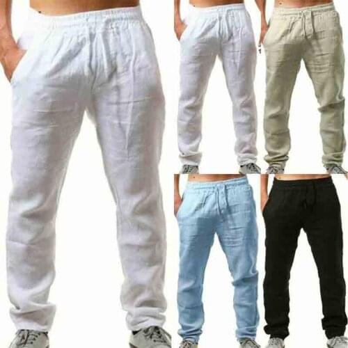 Solid Color Thin Style Men Cotton Polyester Pants Full Length Drawstring Straight Loose Pants Summer Breathable Casual Trousers