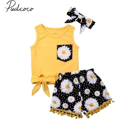 2019 Baby Summer Clothing Toddler Baby Girl Flower Sleeveless Tops T-shirts Tassel Daisy Short Headband 3PCS Outfits Set Sunsuit