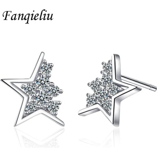 Fanqieliu Luxury Crystal Half Star Real 925 Sterling Silver Stud Earrings For Woman FQL21010
