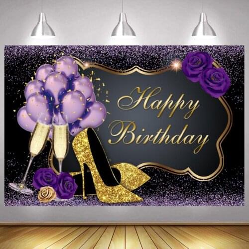 Purple Happy Birthday Photo Backdrop Party Flower Shoes Glitter Photography Background Women Men Banner Kids Photocall