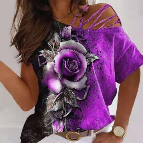 Graphic Tee Womens Rose Printed Strapless Short Sleeve T-shirt Loose Soft And Comfortable Top Summer