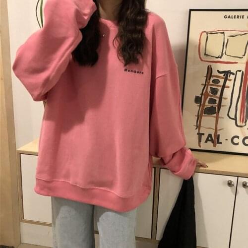 Cotton Hoodies Women Spring New Casual Loose Letter Embroidery Solid Sweatshirt Women O-Neck Long Regular Sleeve Pullovers