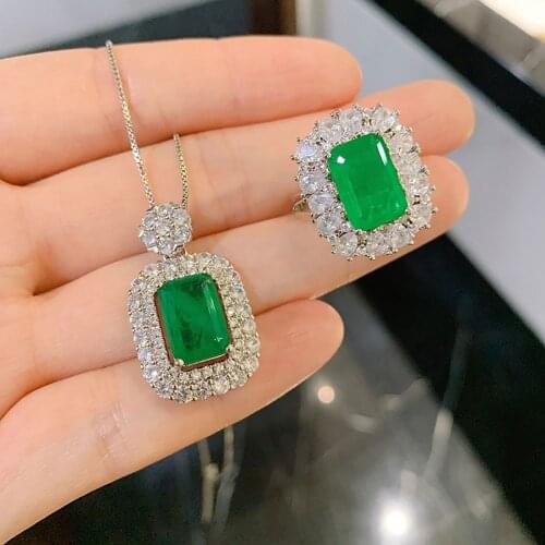 KNRIQUEN Luxury 925 Sterling Silver 8*12mm Emerlad Turquoise Gemstone Pendant/Necklace/Ring Wedding Cocktail Jewelry Set Gift