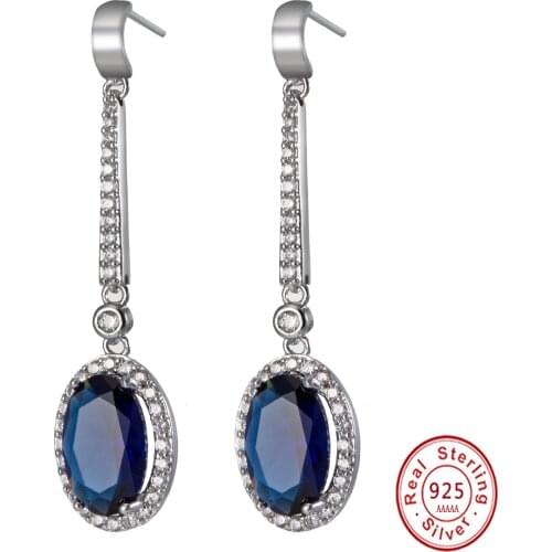 Fashion 925 Sterling Silver Earrings Fine Jewelry for Women Wedding Oval Shape Sapphire Zircon Gemstone Drop Earrings Wholesale