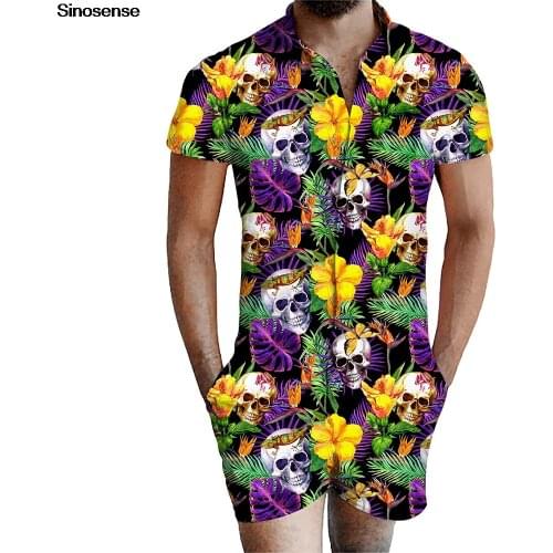 Men Skull Romper 2020 Holiday Vocation Beach Party Summer Hawaiian Mens Sets Male Zipper Jumpsuit One Piece Overalls Outfits