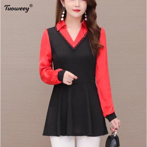 OL Elegant Vintage patchwork Retro Lapel Basic Shirt Women 2021 Formal Work Wear Blouses Plus Size Long Sleeve Tops Blusas